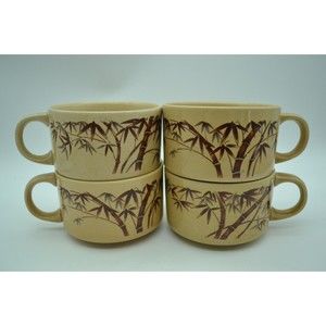 Lot of 4 Large Bamboo Soup Mugs Stoneware Brown Tan Beige Cup Mugs Bamboo Design